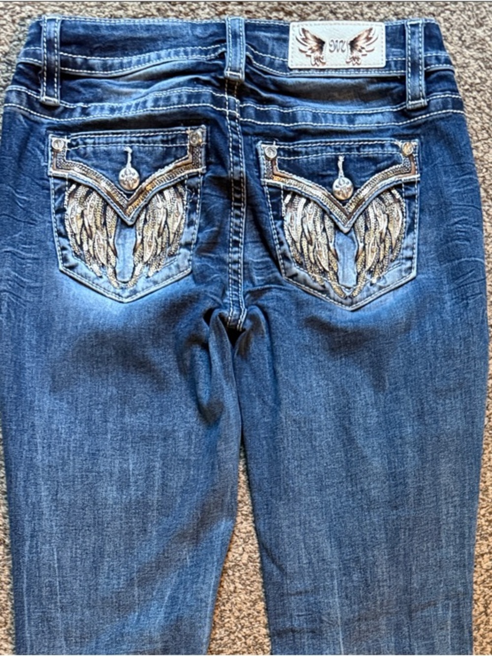 Miss Me Dark Blue Denim Jeans with Metallic Embellished Back Pockets